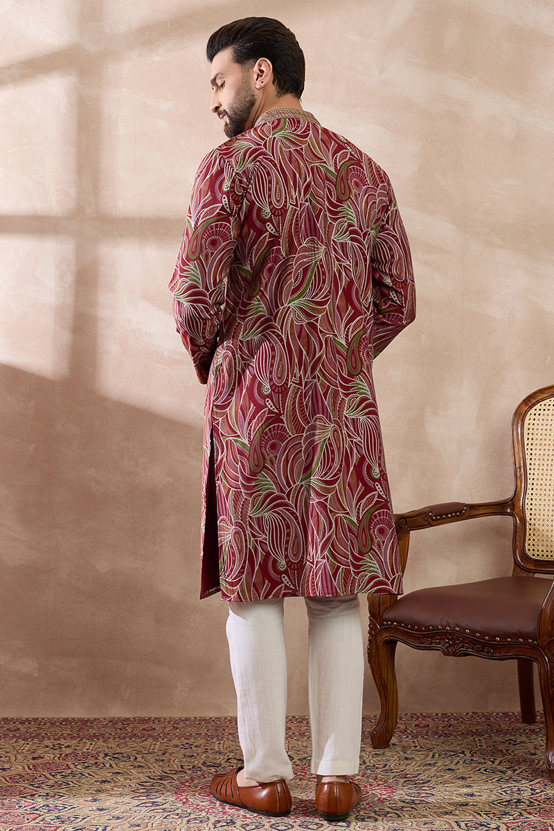 Red Silk Blend Printed Mandarin Collar Straight Kurta | SHOBITAM