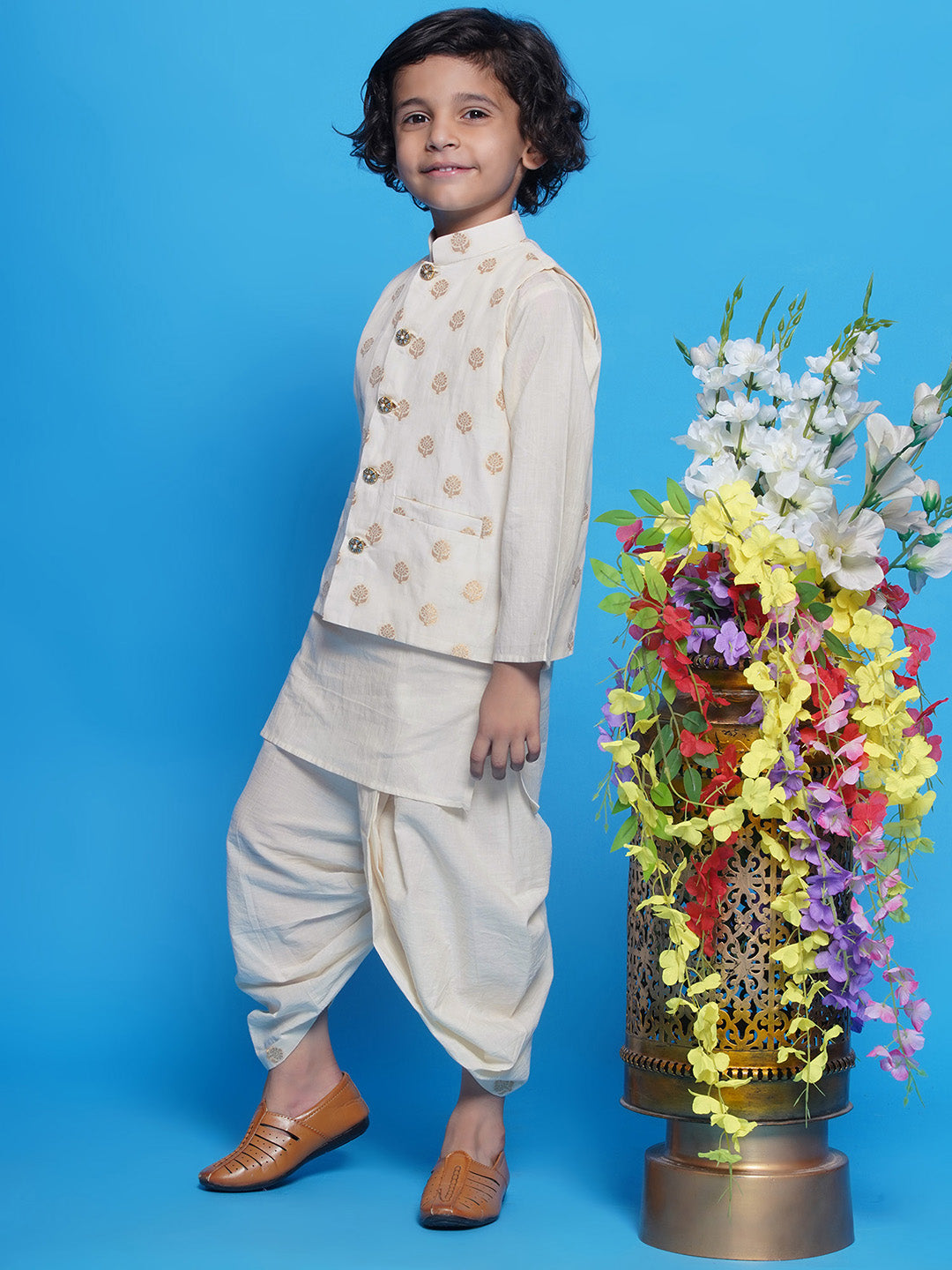 Cotton Sleevelees Golden Floral Embrodiery Nehru Jacket with Kurta and Dhoti - Cream | SHOBITAM