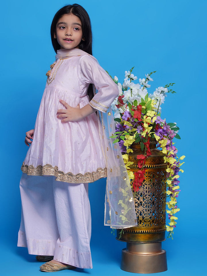 Girls Chanderi Cotton Three Fourth Sleeves Kurta Frock with Plazzo and Dupatta with Boota, Lace & Tussel work - Baby Pink | SHOBITAM
