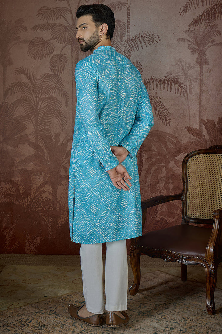 Mens Blue Linen Bandhani Print Regular Kurta With Trouser | SHOBITAM
