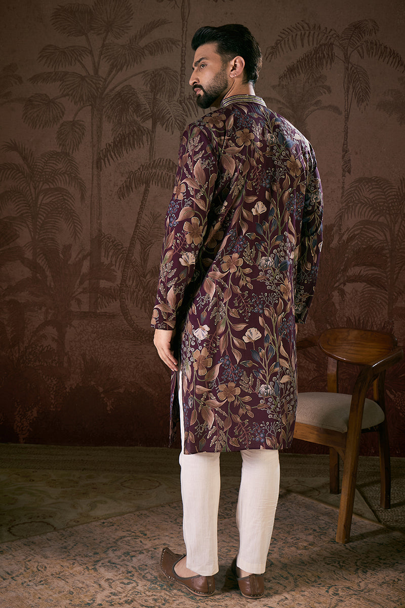 Purple Silk Blend Floral Printed Straight Kurta For Men | SHOBITAM