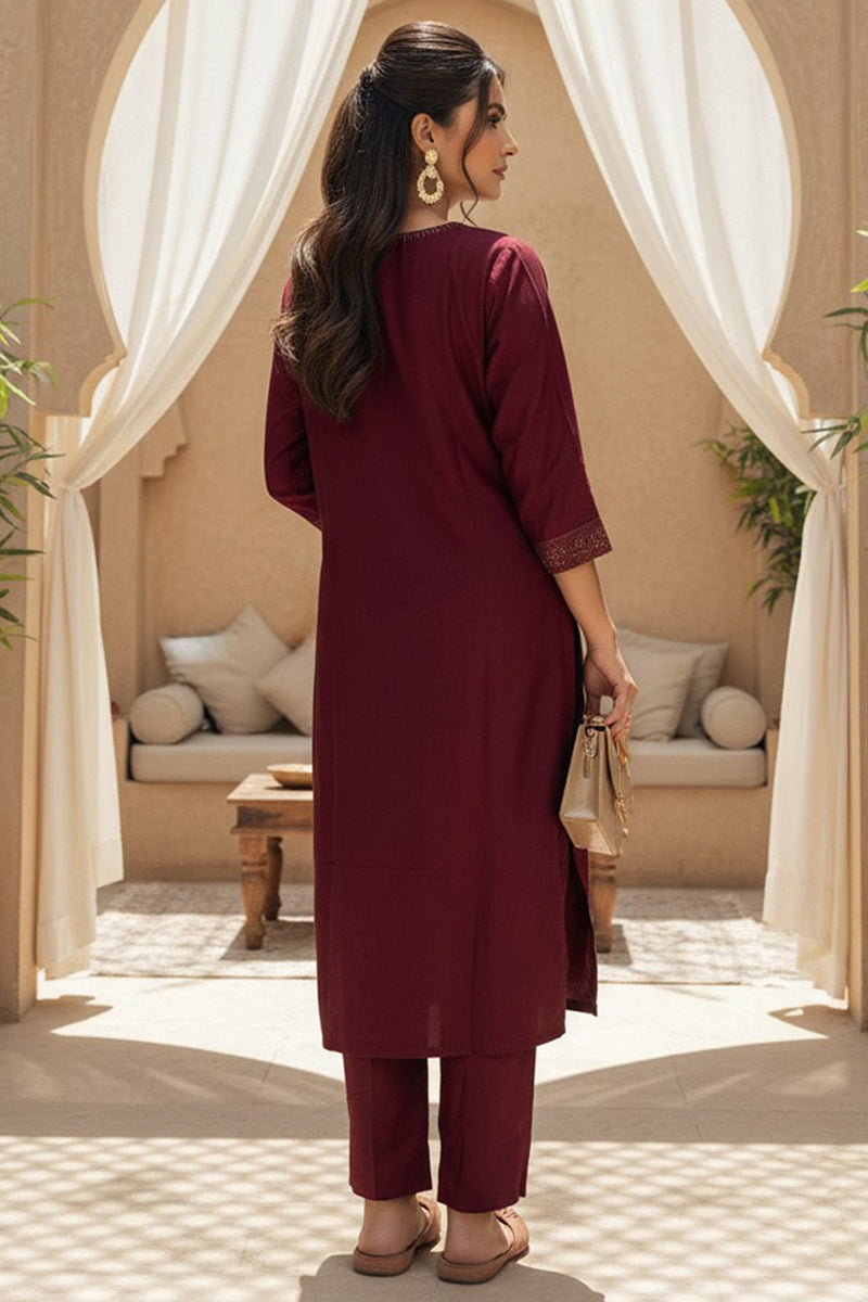 Maroon Silk Blend Ethnic Motifs Stoning Straight Kurta Trouser with Dupatta | SHOBITAM