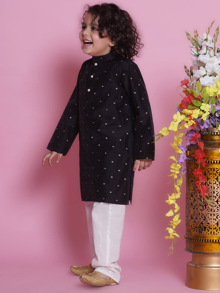 Cotton Silk Full Sleeves Zari Embroidered Kurta with Pyjama -Black | SHOBITAM