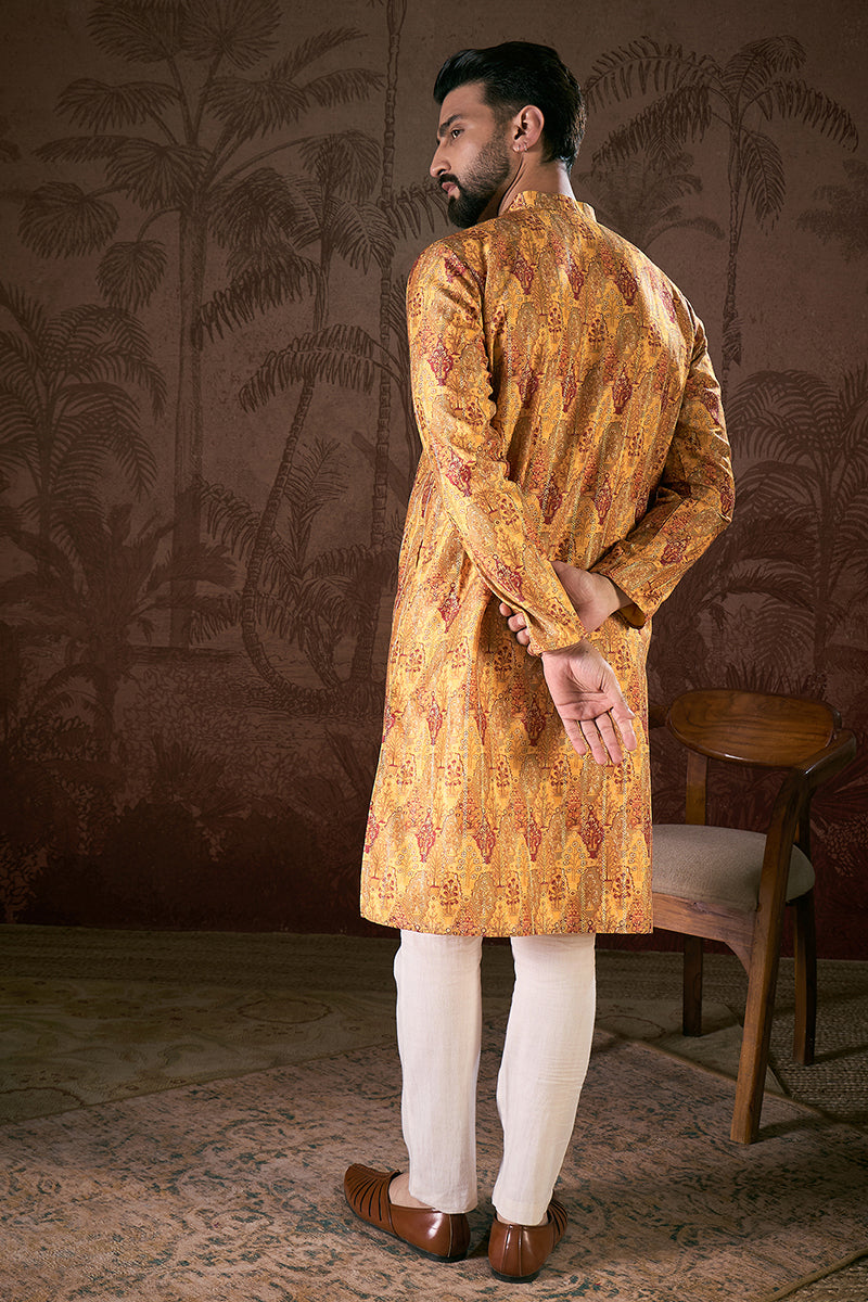 Mustard Silk Blend Ethnic Motifs Printed Straight Kurta With Trouser | SHOBITAM