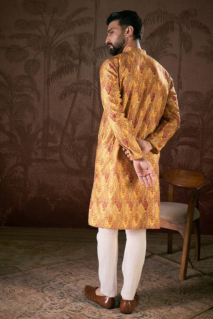 Mustard Silk Blend Ethnic Motifs Printed Straight Kurta With Trouser | SHOBITAM