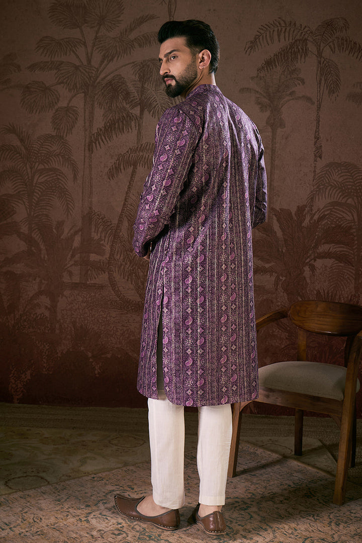 Purple Silk Blend Ethnic Motifs Printed Straight Kurta For Men | SHOBITAM