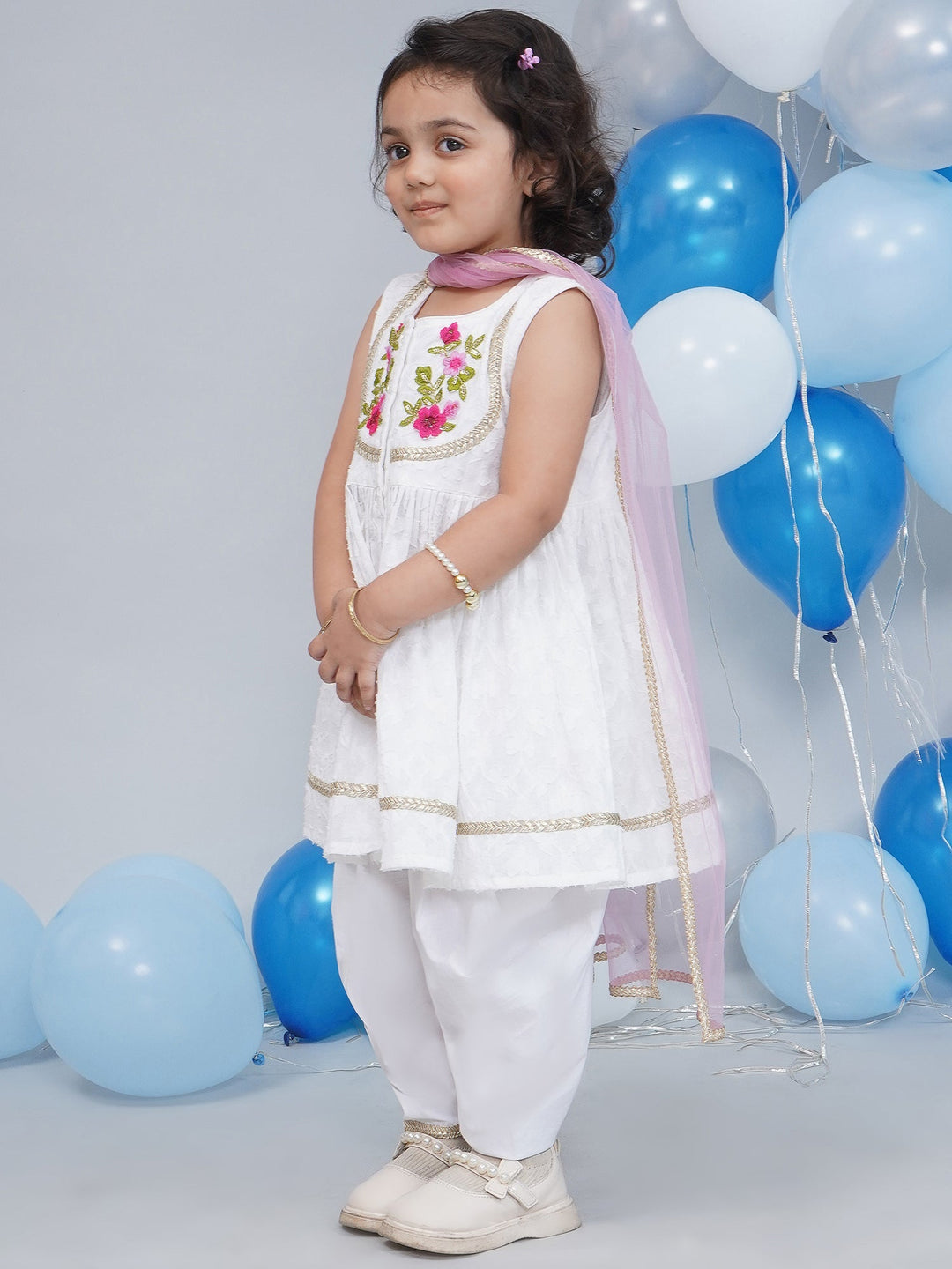 Girls Cotton Sleeveless Floral Self Weaving Kurta with Floral Applique work and Salwar with Dupatta - White