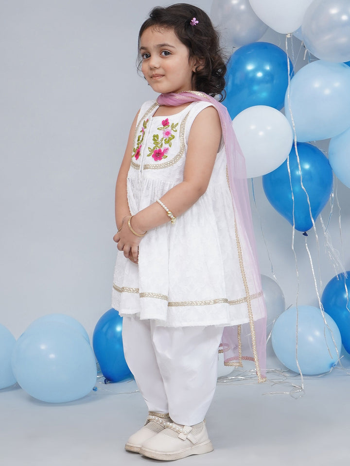 Girls Cotton Sleeveless Floral Self Weaving Kurta with Floral Applique work and Salwar with Dupatta - White