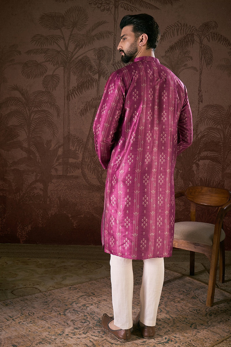 Purple Silk Blend Floral Printed Straight Kurta For Men | SHOBITAM
