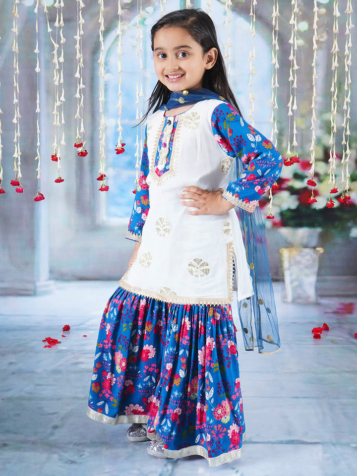 Girls Cotton Full Sleeves Kurta Sharara and Dupatta with Floral Print, Floral Embroidery, Lace & Rajasthani Lac Work - White &  Blue | SHOBITAM