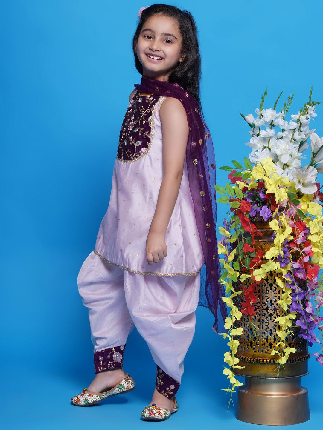 Sleeveless Kurta with Dhoti Salwar & Dupatta - Pink | SHOBITAM