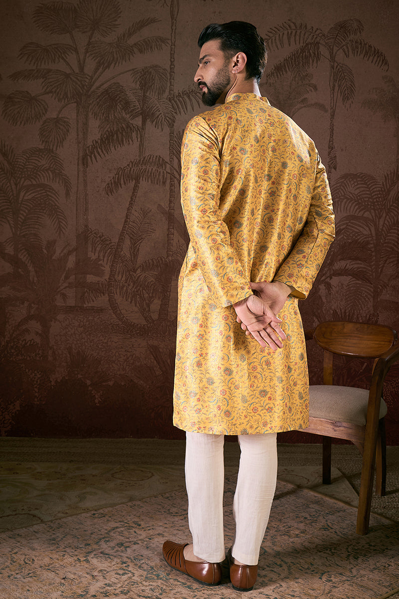 Yellow Silk Blend Floral Printed Straight Kurta For Men | SHOBITAM