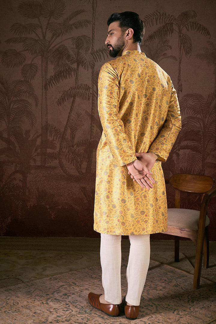 Yellow Silk Blend Floral Printed Straight Kurta For Men | SHOBITAM
