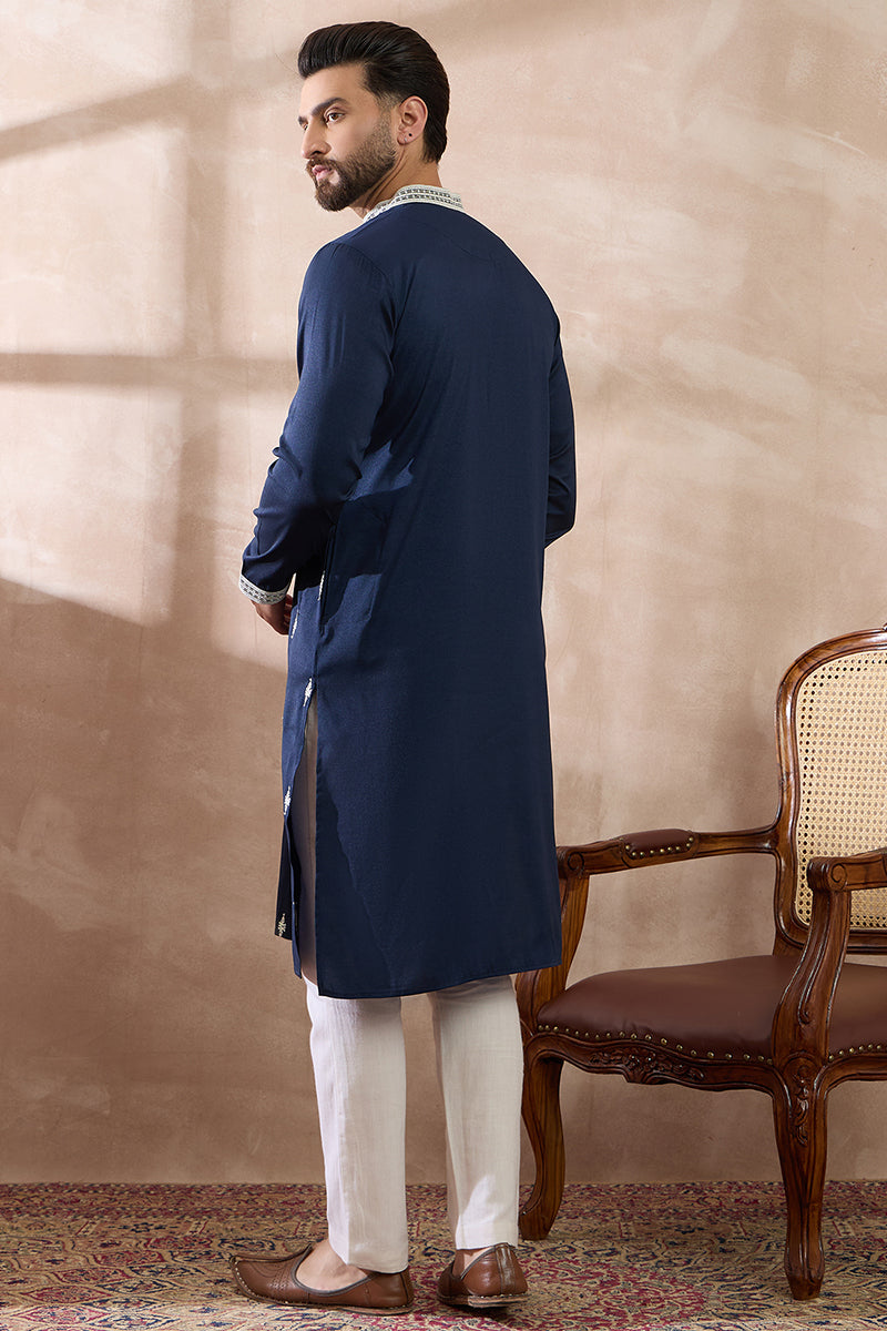 Navy Blue Silk Blend Embroidered Mandarin Collar Straight Kurta | SHOBITAM