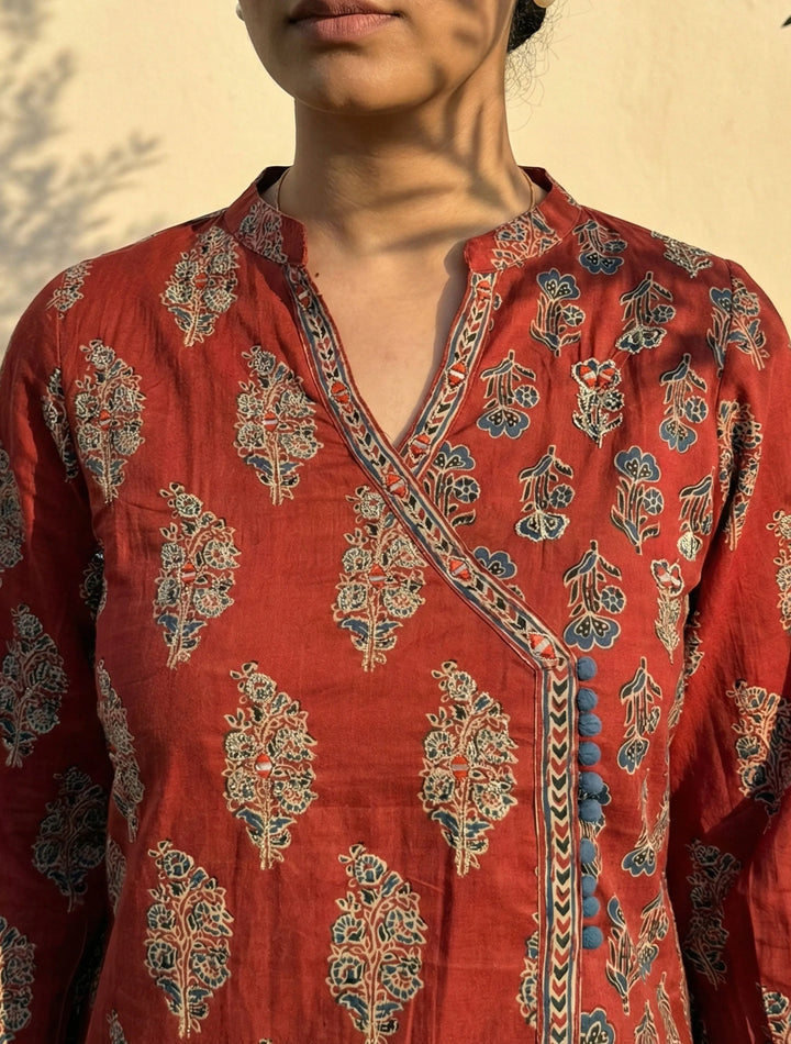 Rust Boota Print Angrakha Kurta Pant Dupatta Set | SHOBITAM