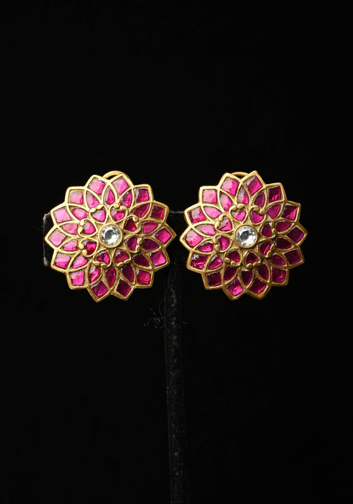 92.5 Silver Pink Stone Large Floral Studs