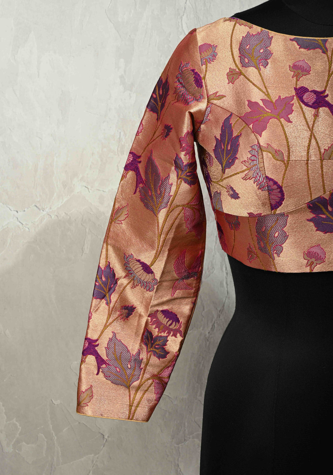 SIZE 36" Rose Gold Paithani Style  Boat Neck Blouse with Meenakari  Pichwai Semi Silk Brocade and Full Sleeves