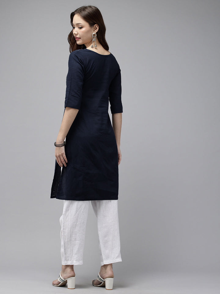 Navy Kantha Cotton Kurta | SHOBITAM