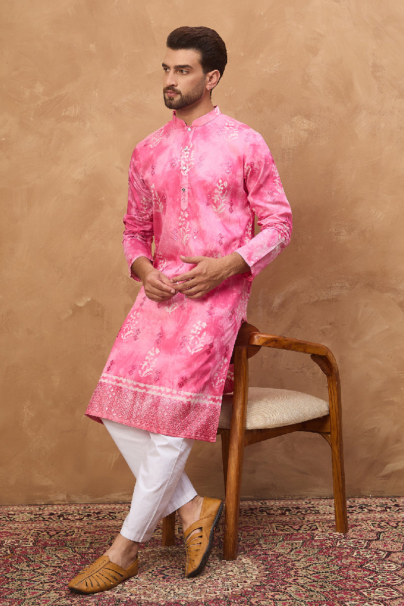 Pink Silk Blend Batik Embroidered Straight Kurta  | SHOBITAM