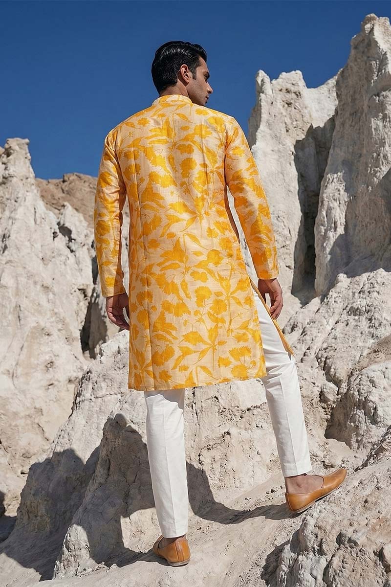 Yellow Silk Blend Printed Straight Kurta | SHOBITAM