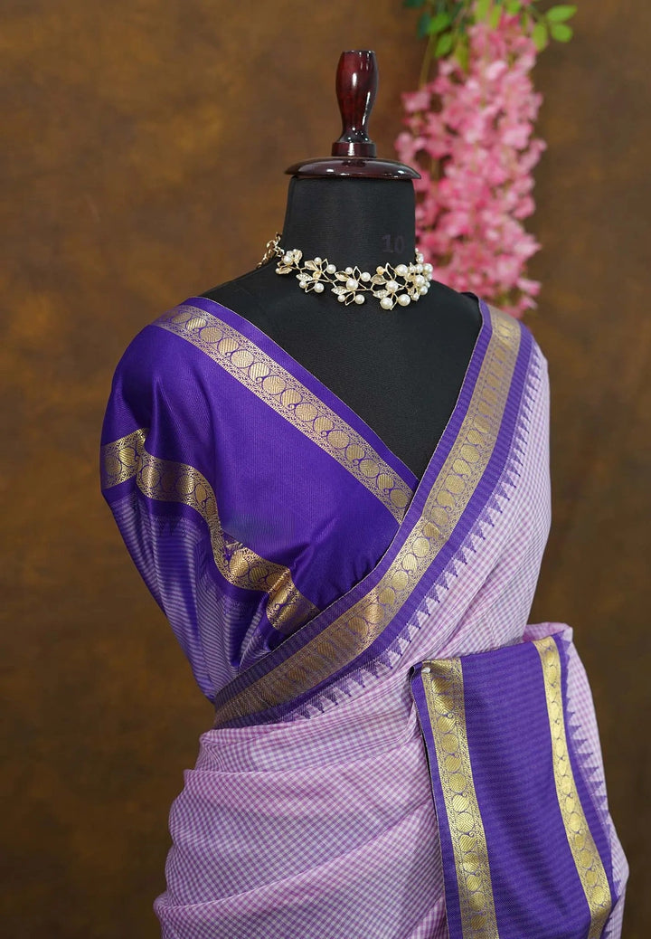 Lilac Vintage Checks Design Semi Cotton Silk Saree | SHOBITAM