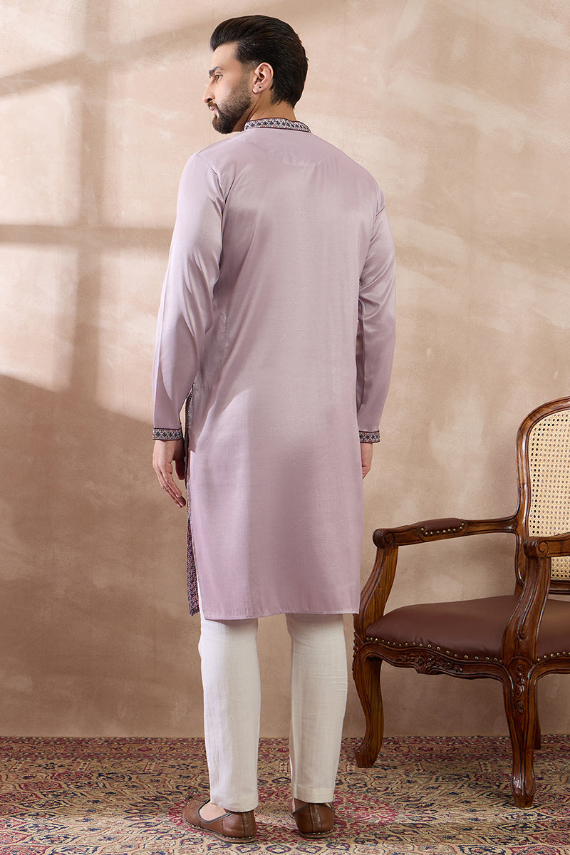 Lavender Silk Blend Embroidered Mandarin Collar Straight Kurta For Men | SHOBITAM
