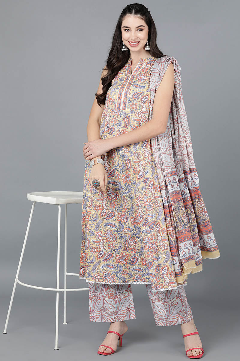 Yellow Cotton Flared Kurta Palazzo With Dupatta | SHOBITAM