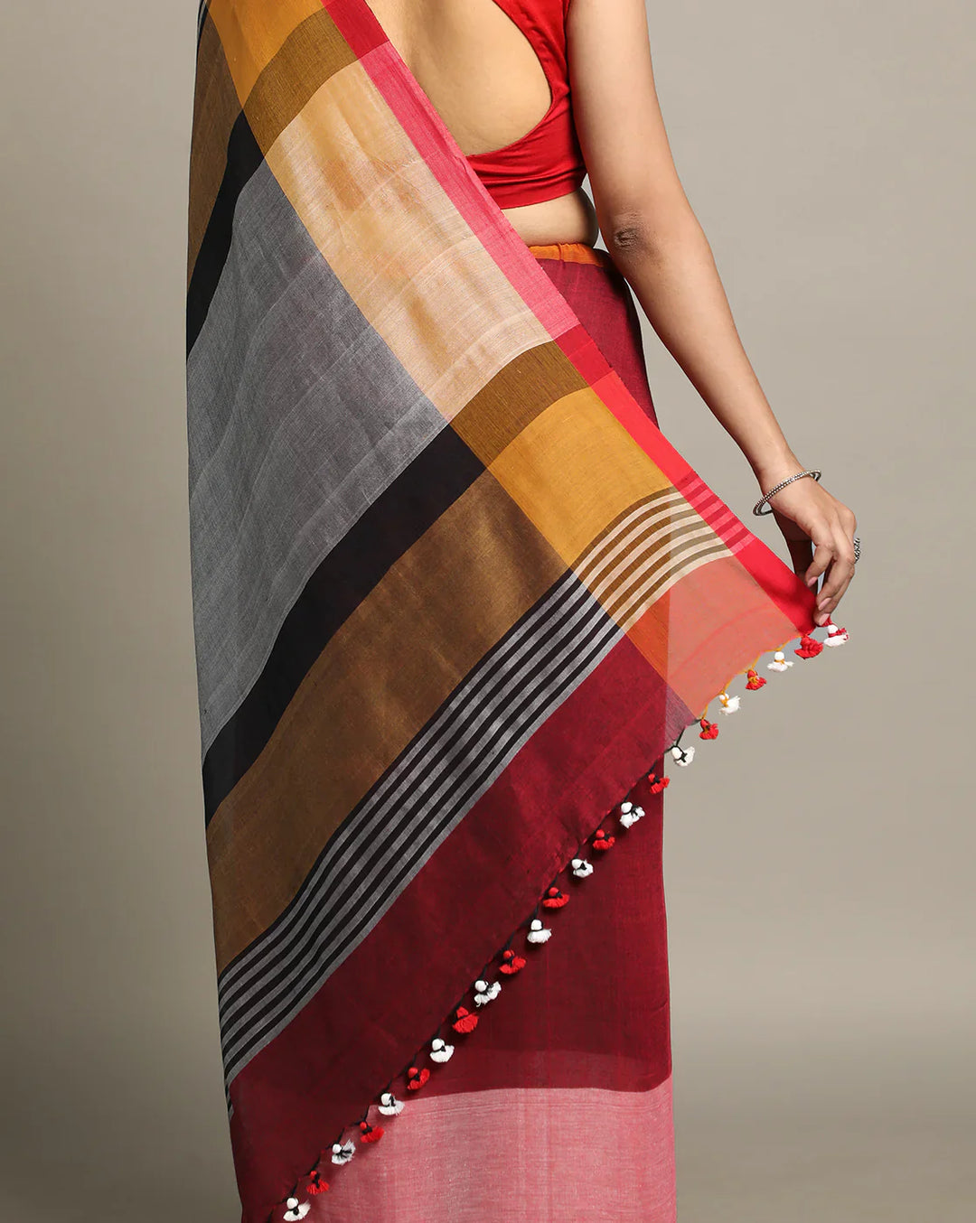 Maroon-Gray Handloom Color Block Cotton Saree