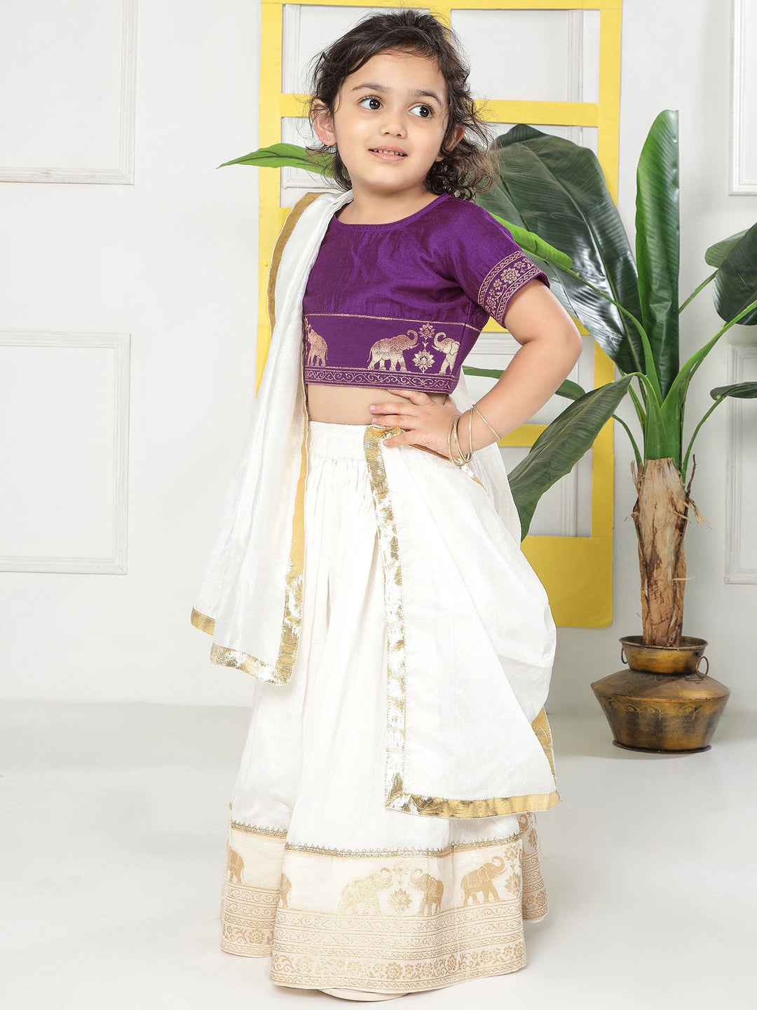 Cream Elephant Zari Embroidery Chanderi Cotton Lehenga with Stitched Purple blouse Set | SHOBITAM