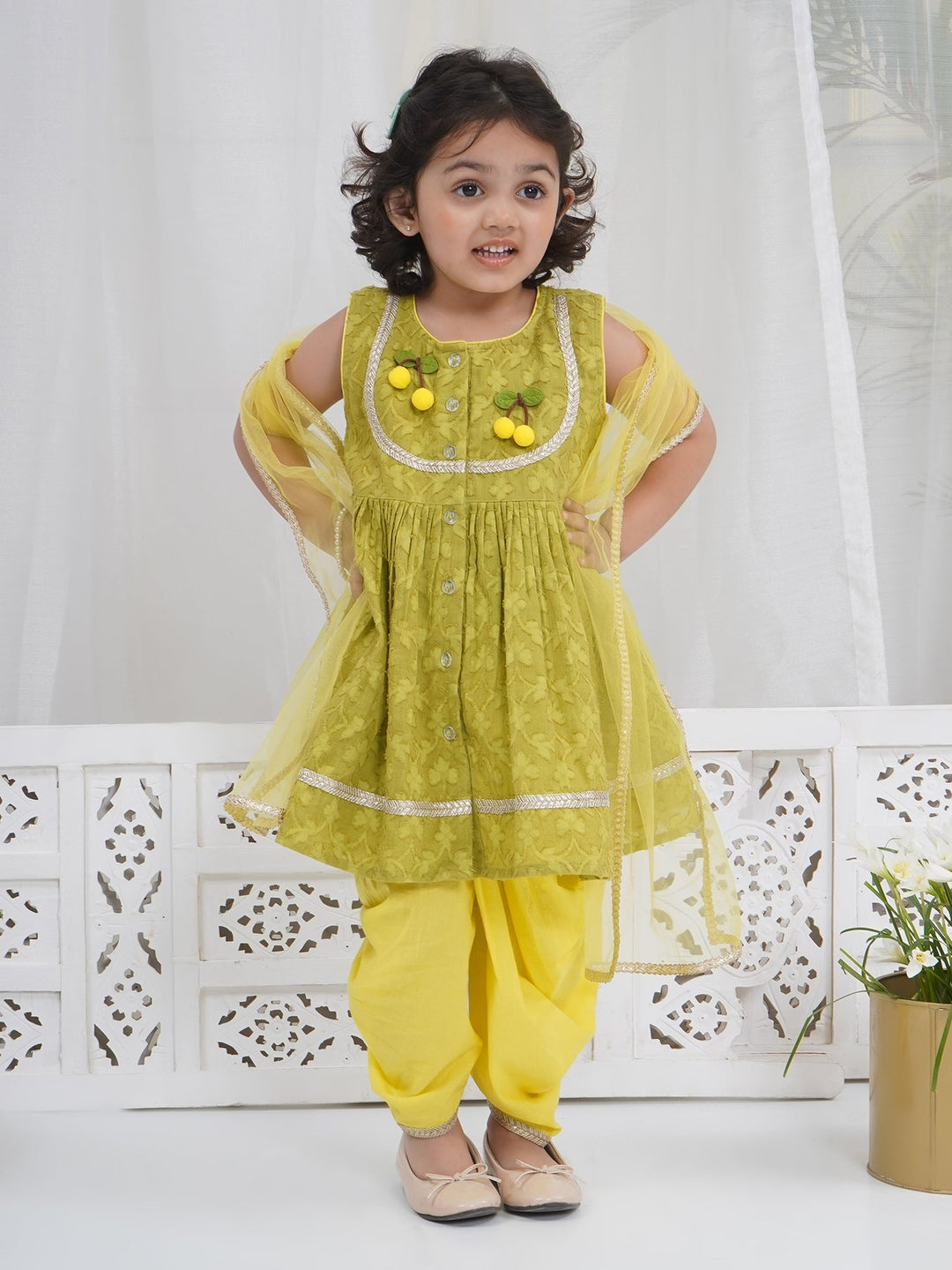 Girls Cotton Sleeveless Floral Self Weaving Kurta with Cherry Applique work and Salwar with Dupatta - Green