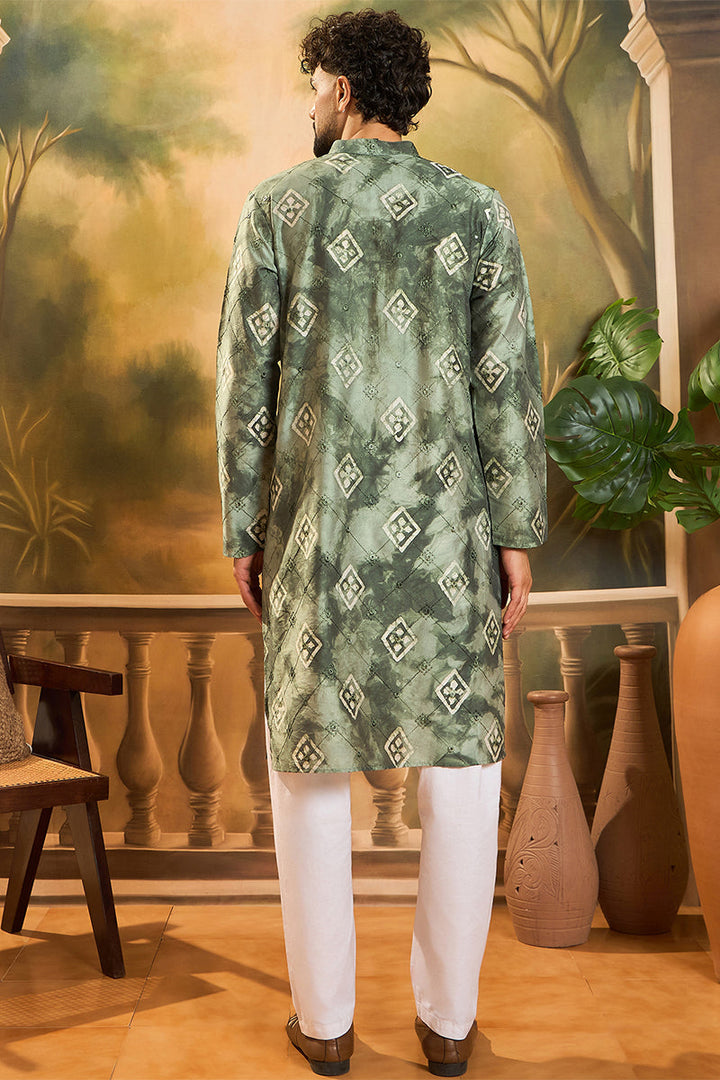 Green Silk Blend Batik Embroidered Straight Kurta with Trouser | SHOBITAM