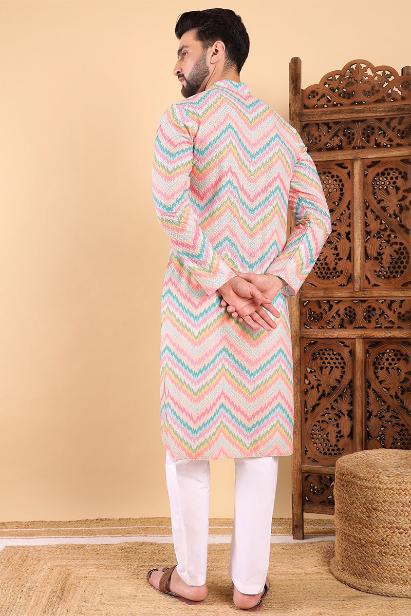 Teal Viscose Rayon Chevron Printed Straight Kurta with Trousers | SHOBITAM