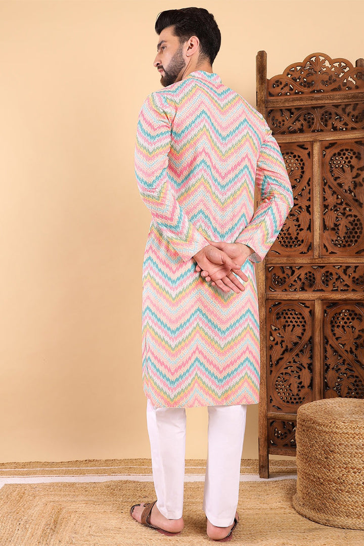 Teal Viscose Rayon Chevron Printed Straight Kurta with Trousers | SHOBITAM