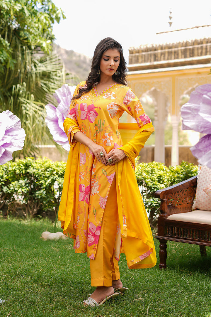 Yellow Silk Blend Floral Printed Straight Kurta Trousers With Dupatta | SHOBITAM