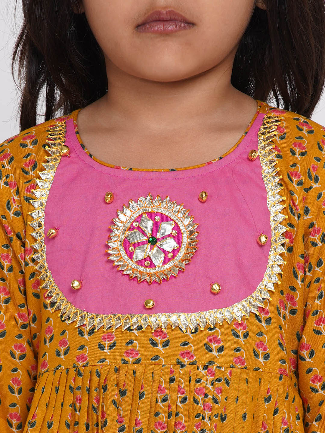 Girls Jaipuri Print Kurta Frock with Salwar in Yellow & Pink