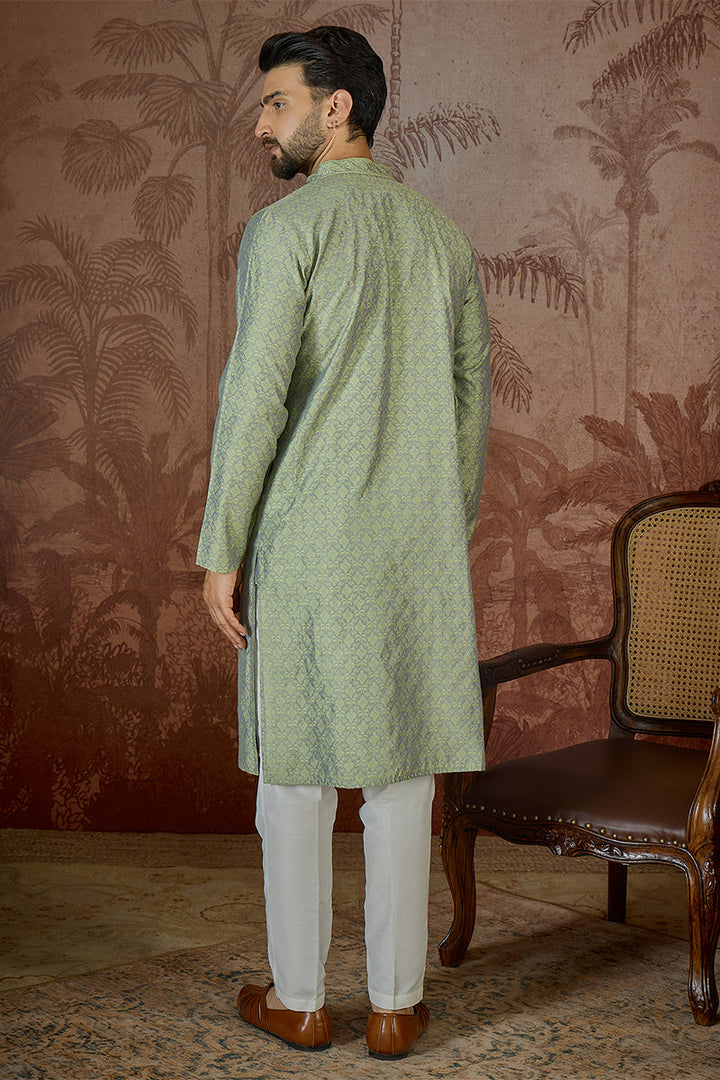 Mens Green Jacquard Solid Embroidered Kurta | SHOBITAM