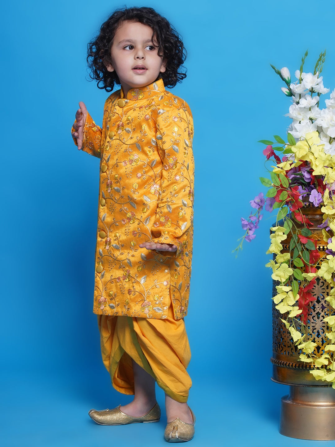 Pretty Floral Sherwani with Dhoti - Haldi Yellow | SHOBITAM