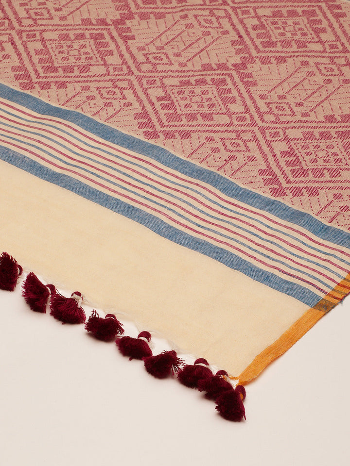 Beige and Violet Assamese Cotton Dupatta | SHOBITAM
