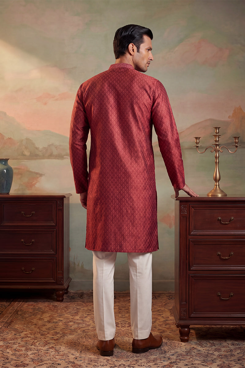 Mens Maroon Jacquard Woven Design Straight Kurta With Trouser | SHOBITAM