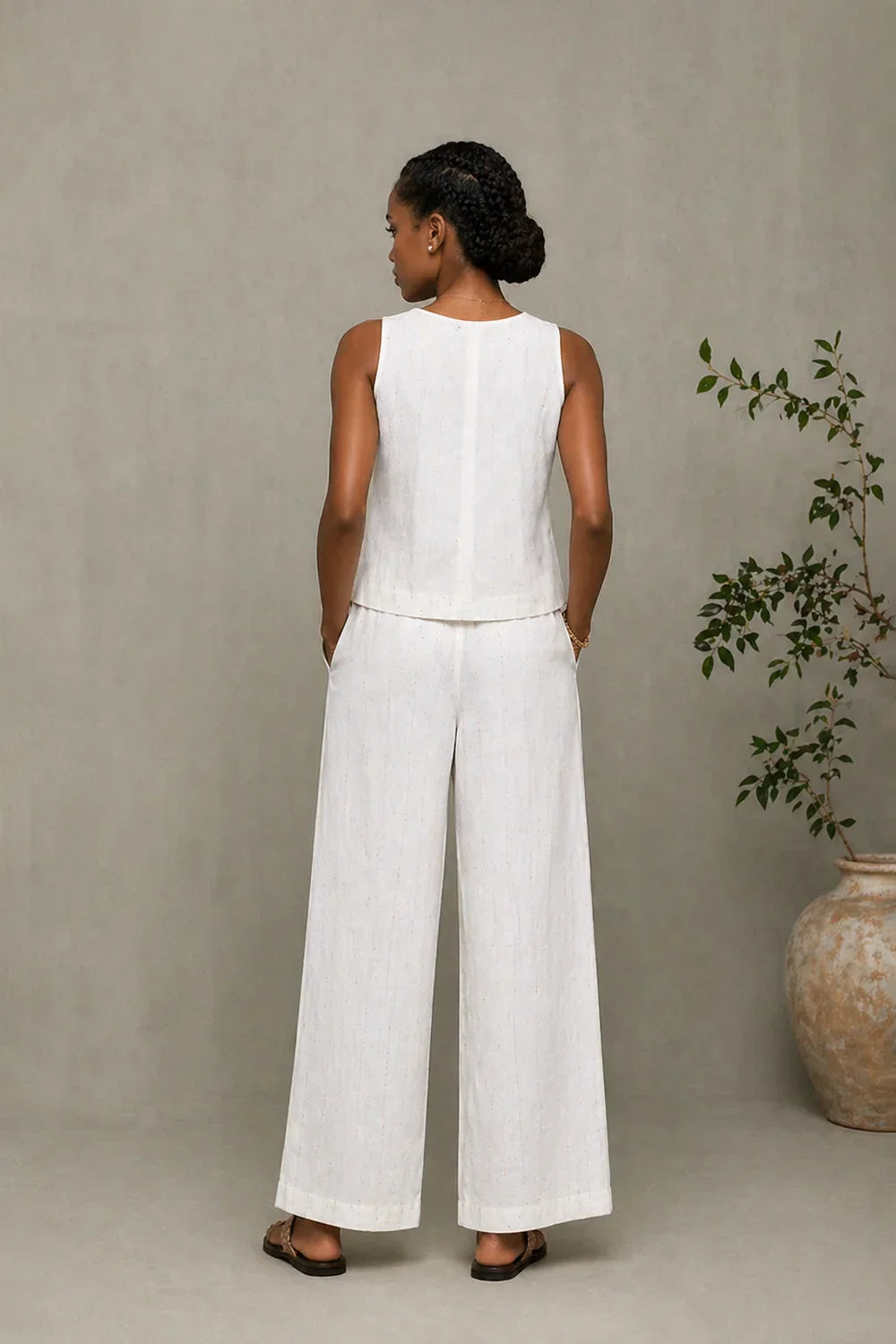 Ivory Cotton Co-ord Set with Button-Down Top & Wide-Leg Pants | SHOBITAM