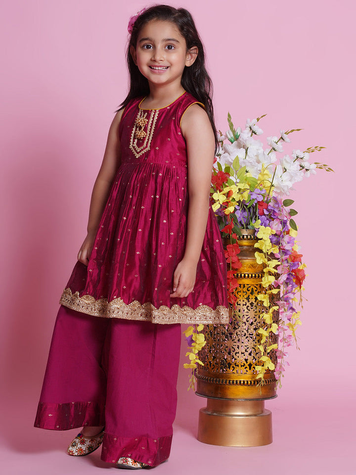 Chanderi Cotton Sleeveless Zari Boota & Lace Embellished Kurta Frock with Plazzo and Dupatta - Hot Pink | SHOBITAM