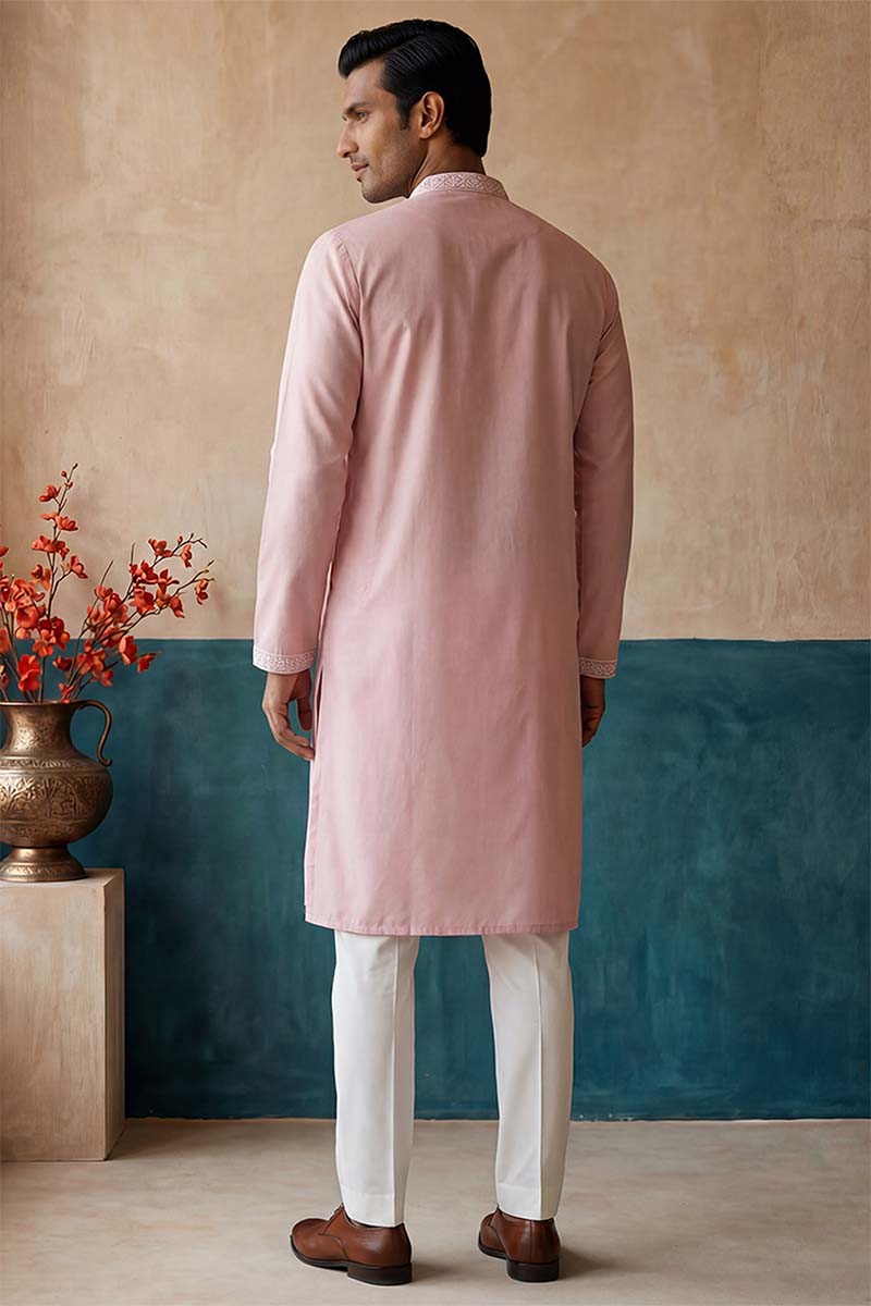 Mens Pink Silk Blend Solid Embroidered Kurta With Trousers | SHOBITAM