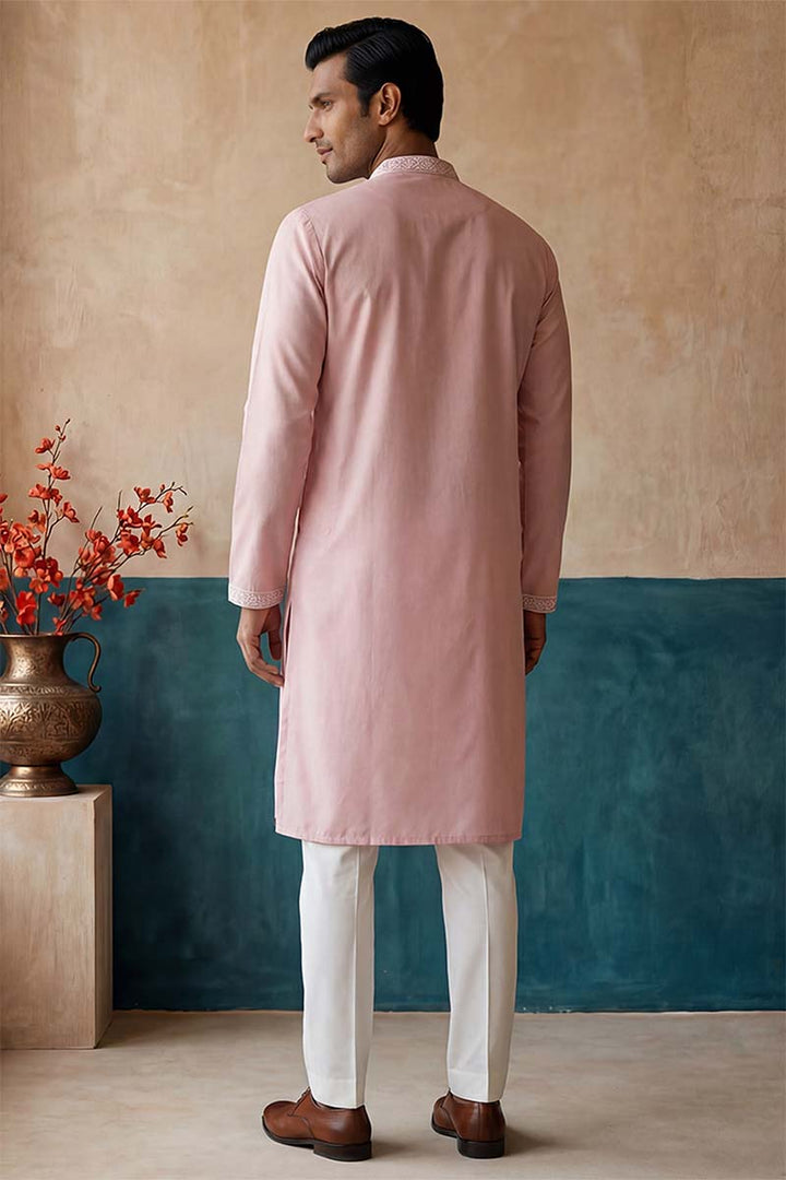 Mens Pink Silk Blend Solid Embroidered Kurta With Trousers | SHOBITAM