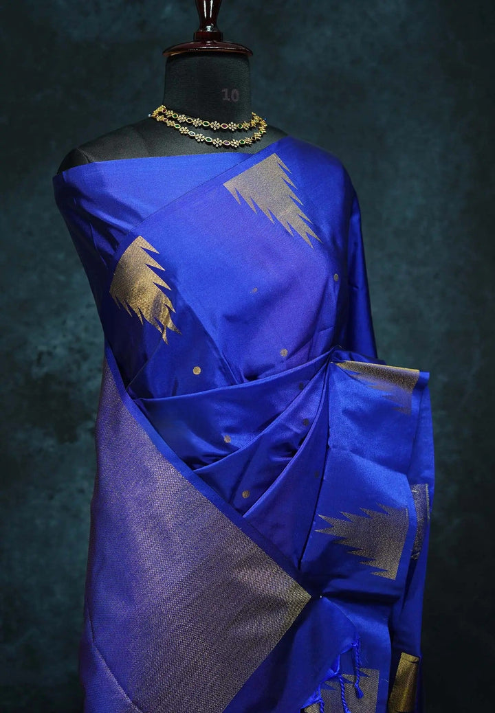 MS Blue - Hamsavalli –Art Silk saree with temple weaving and zari pallu | SHOBITAM