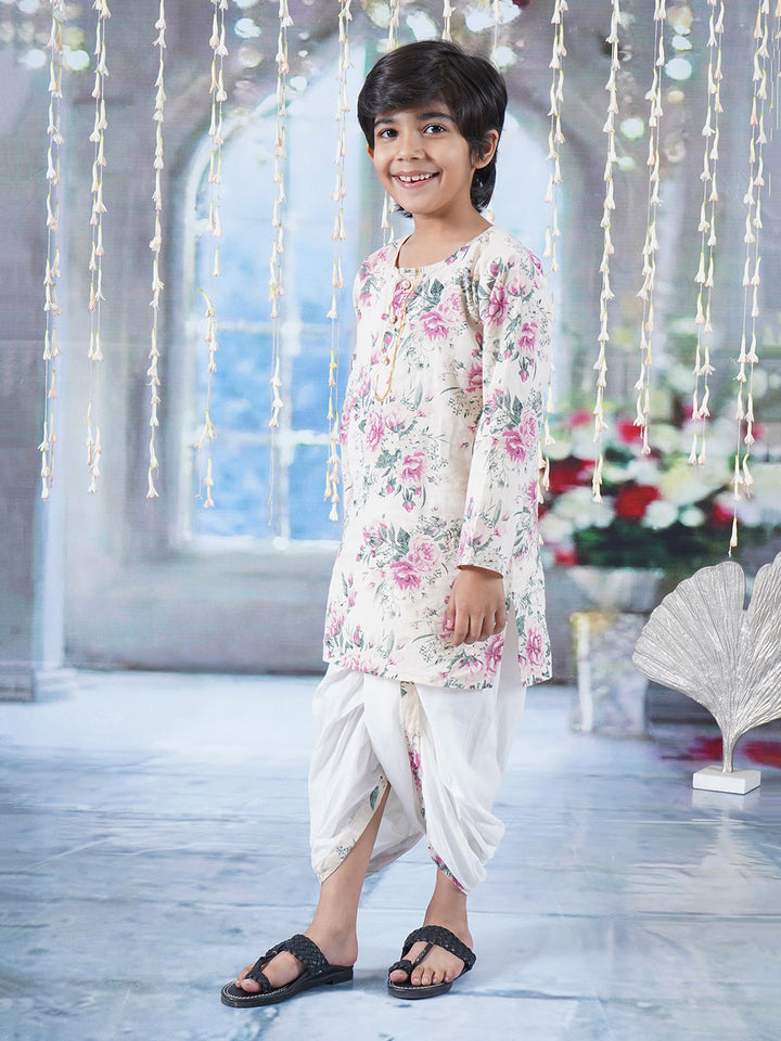 Boys Cotton Full Sleeves Kurta Dhoti with Floral Print and Pearl Buttons - Cream   | SHOBITAM