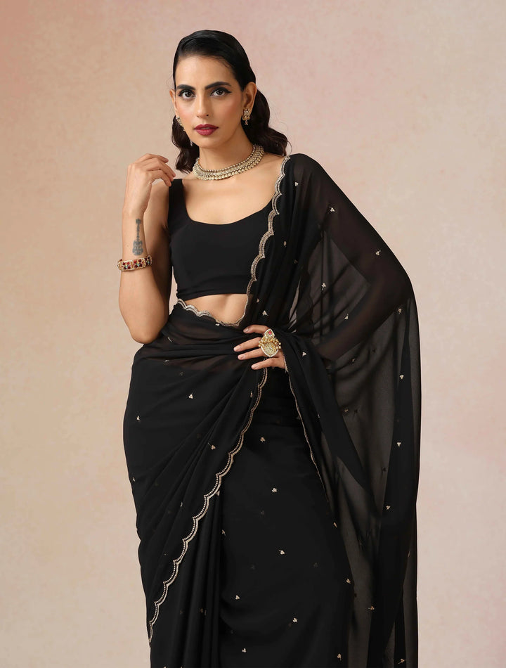 Black Georgette Embroidered Saree With unstitched Blouse | SHOBITAM