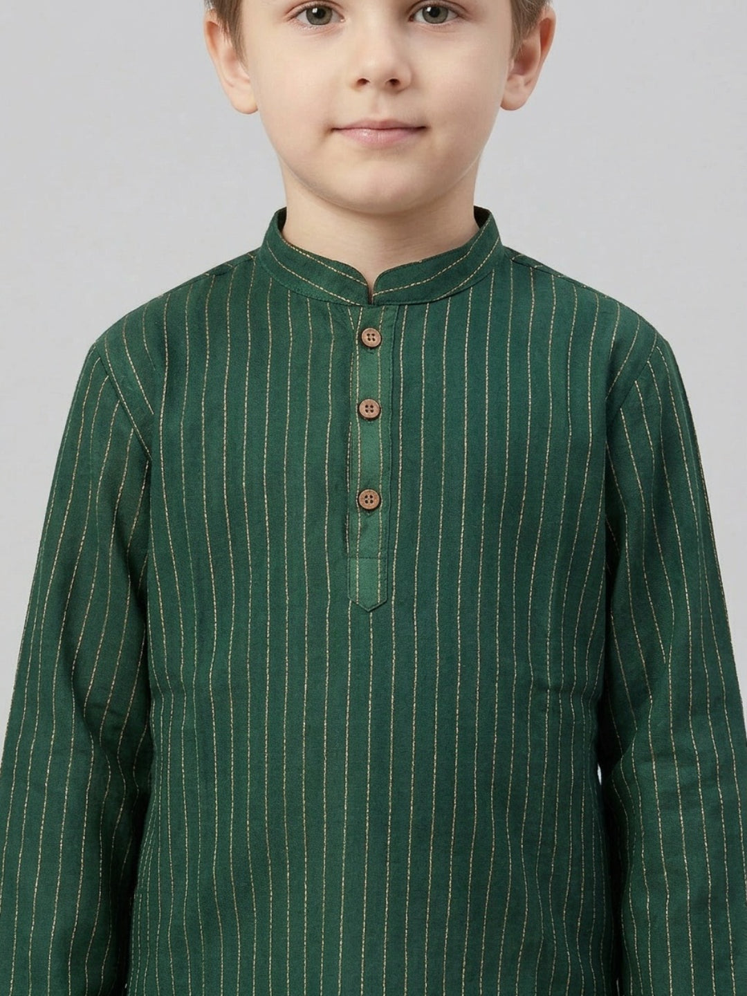 Boys Teal Green Striped Mandarin Collar Cotton Kurta Set | SHOBITAM