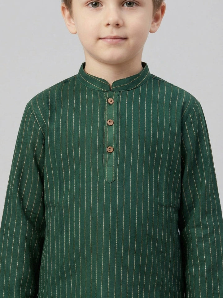 Boys Teal Green Striped Mandarin Collar Cotton Kurta Set | SHOBITAM