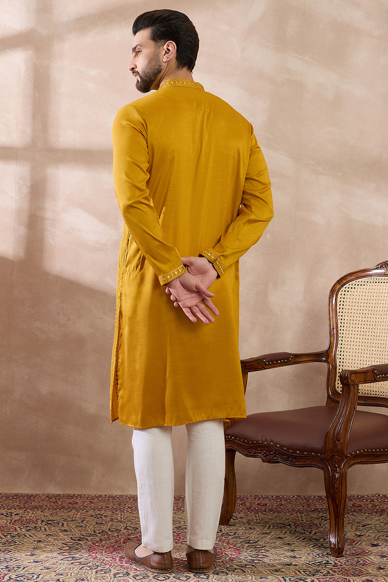 Mustard Silk Blend Embroidered Mandarin Collar Straight Kurta For Men | SHOBITAM