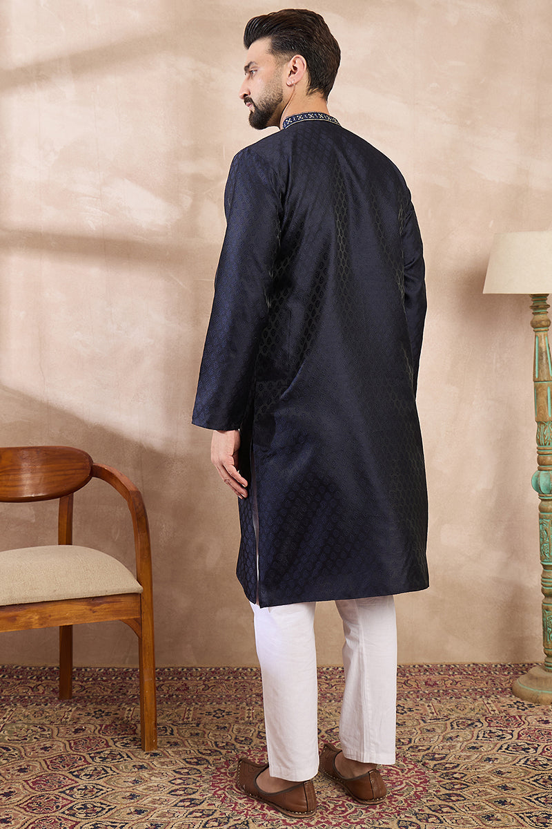 Navy Blue Silk Blend Solid Woven Design Straight Kurta With Trouser | SHOBITAM